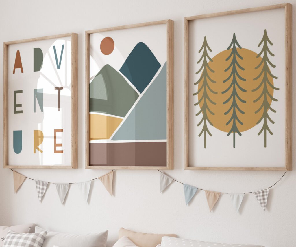 Adventure Kids Room Prints Set of 3 Adventure Nursery Wall Art Mountain Scene Art Neutral Kids Room Art Neutral Nursery Decor