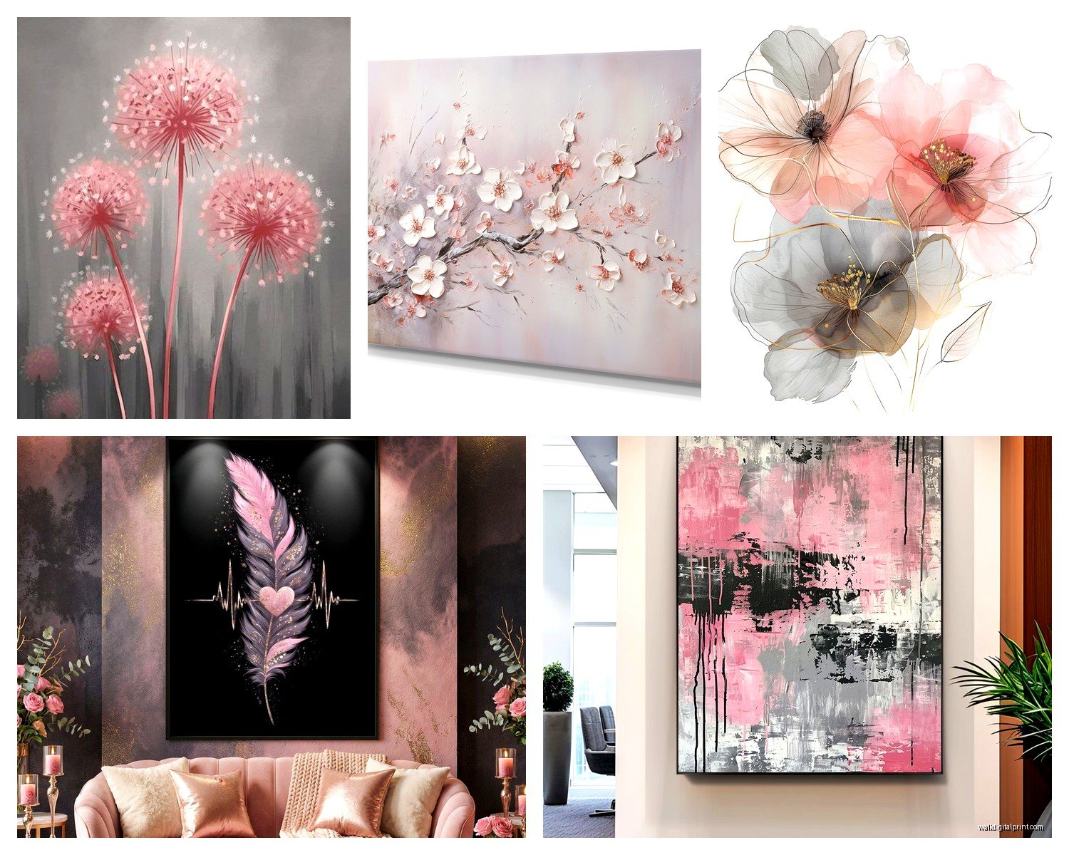 Pink and Gray Wall Art: Feminine Neutral Elegant Combo