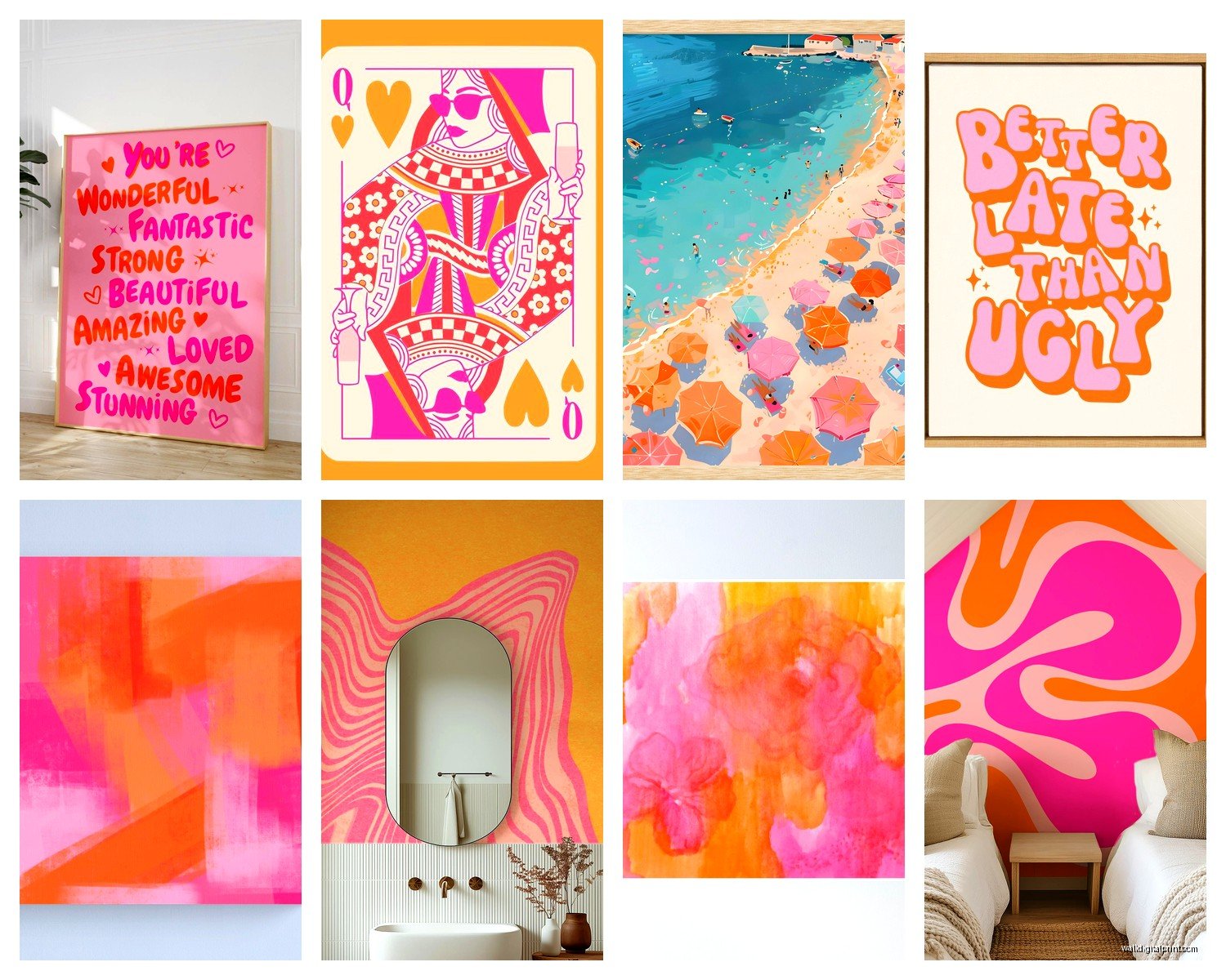Pink and Orange Wall Art: Warm Sunset Tropical Combo