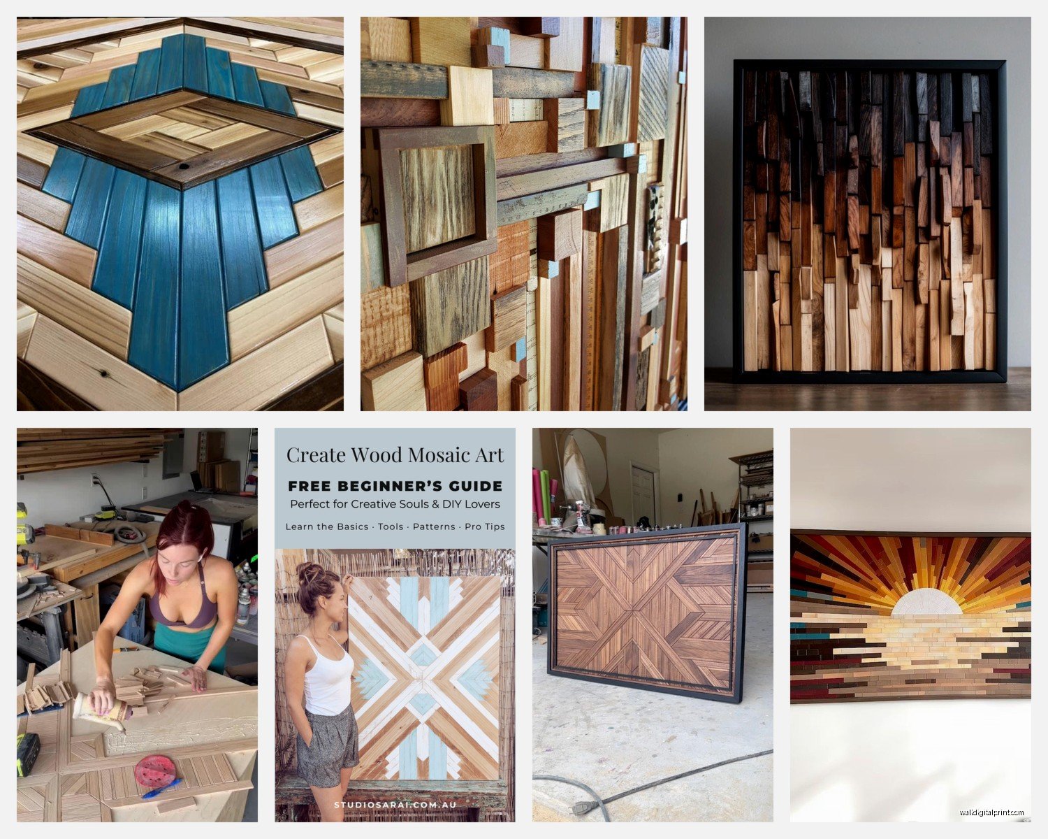 Wood Mosaic Wall Art: Tile Inlay Geometric Patterns
