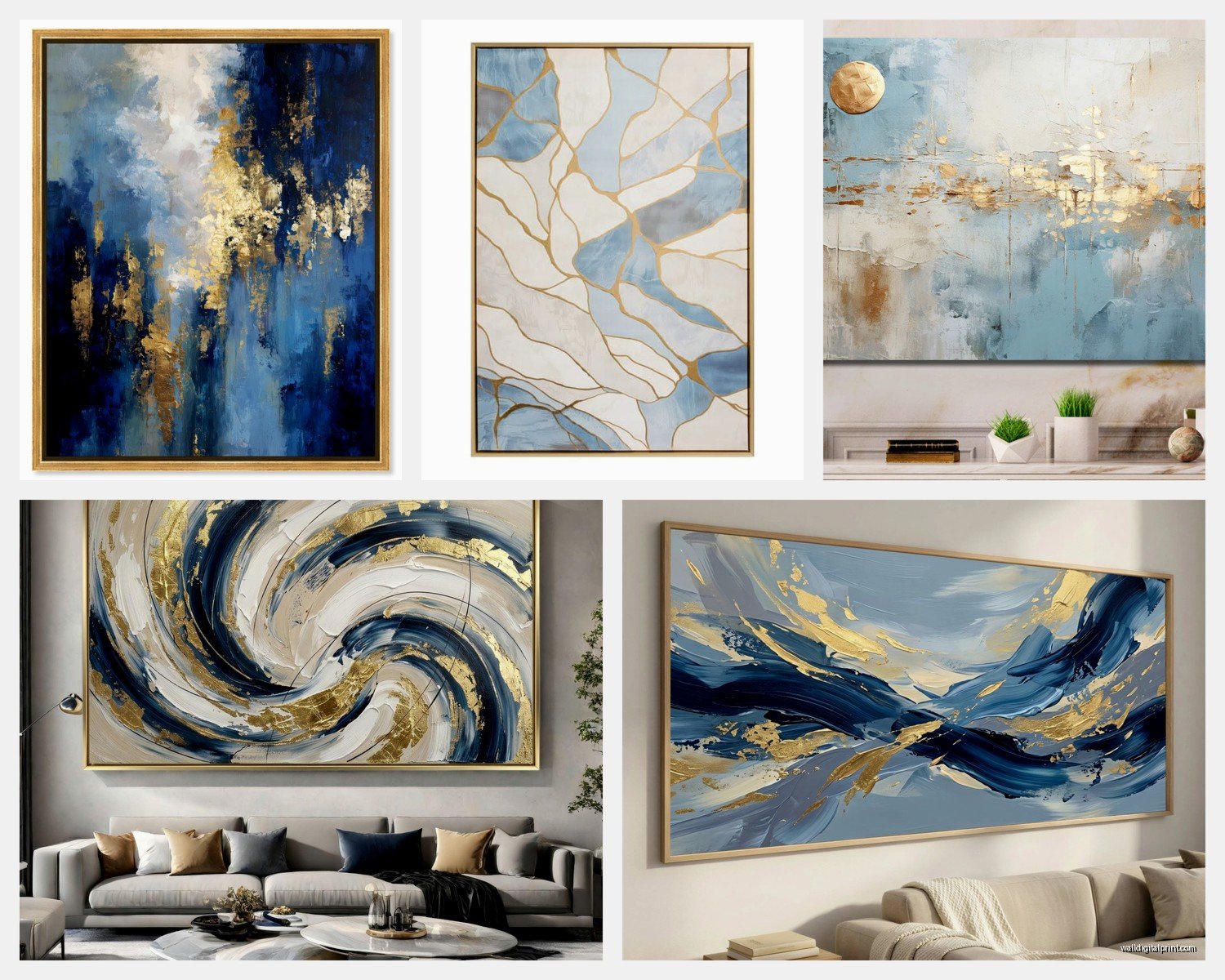 Blue and Gold Abstract Wall Art: Luxury Modern Contrast