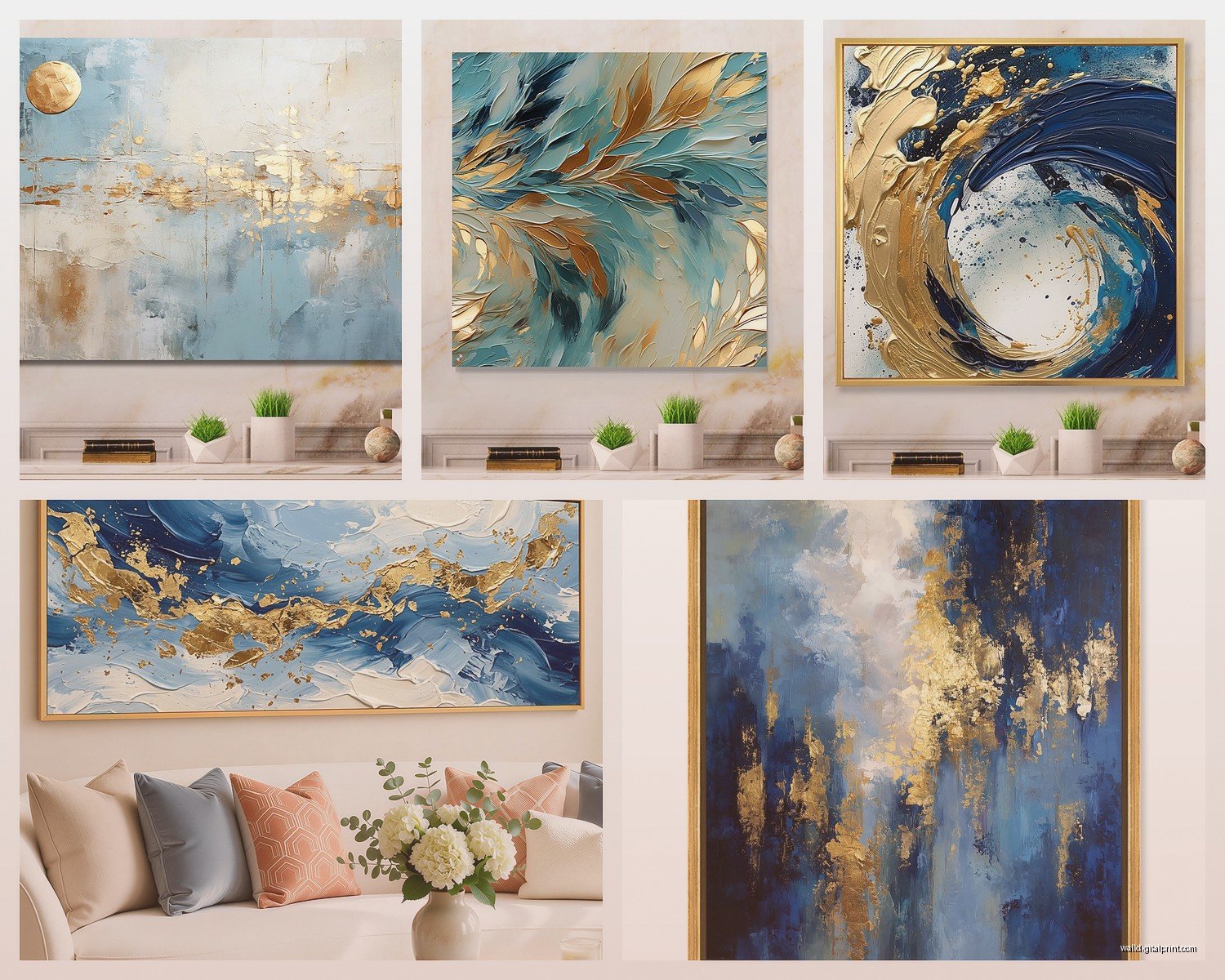 Blue and Gold Abstract Wall Art: Luxury Modern Contrast