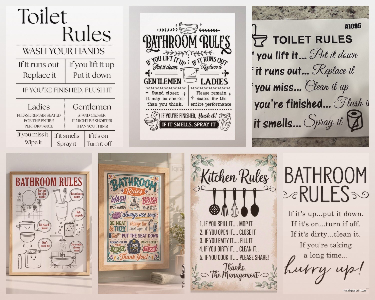 Bathroom Rules Wall Art: Humorous Bath Etiquette Signs