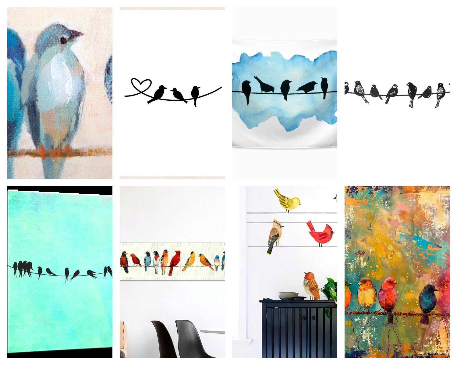 Birds on a Wire Wall Art: Flock Perched Line Silhouette