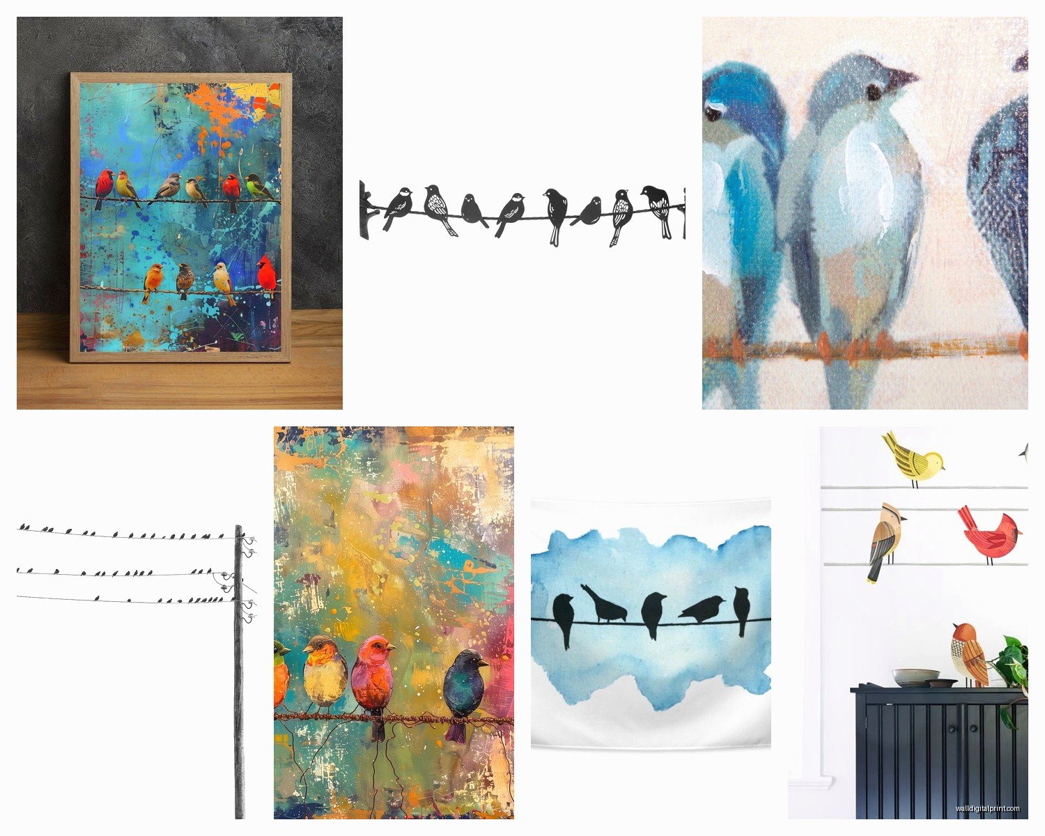 Birds on a Wire Wall Art: Flock Perched Line Silhouette