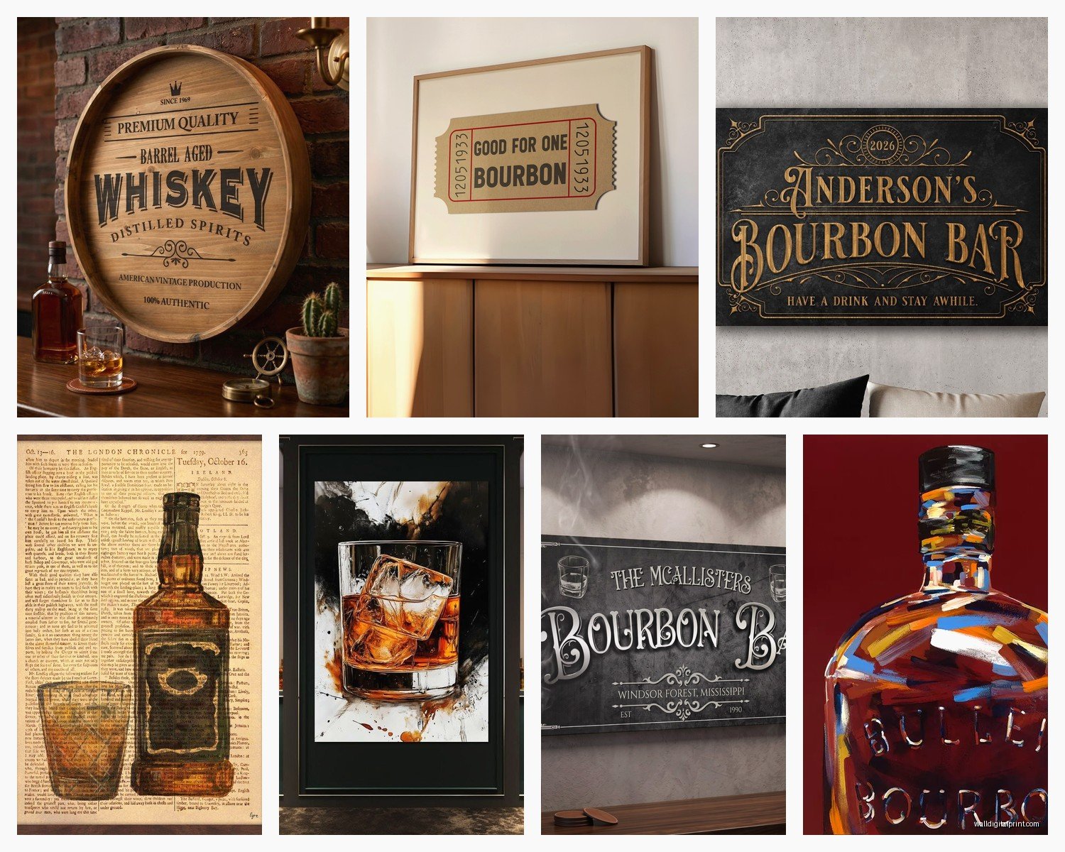Bourbon Wall Art: Whiskey Bar Man Cave Spirits Decor