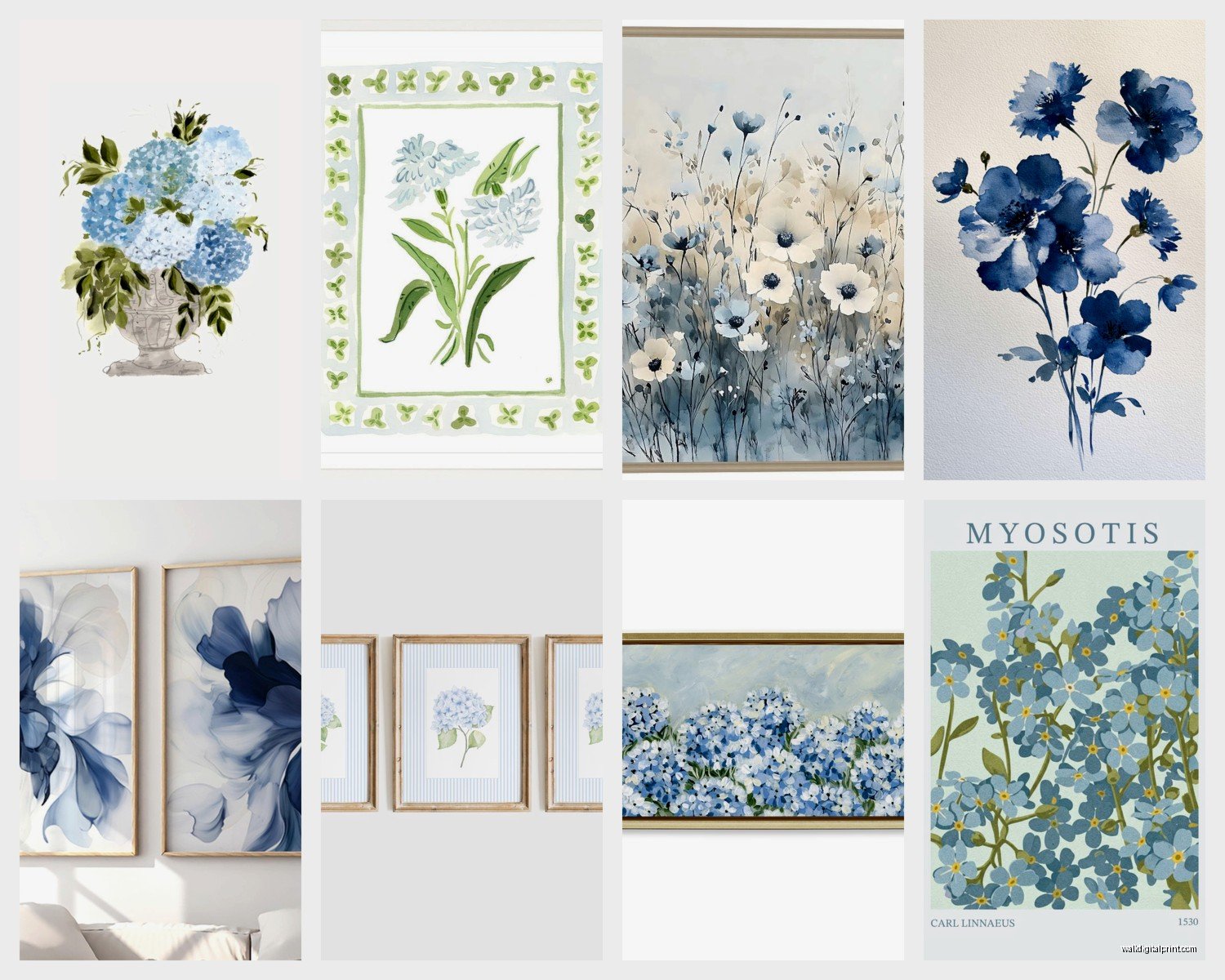 Blue Floral Wall Art: Ocean Sky Flower Botanical Designs