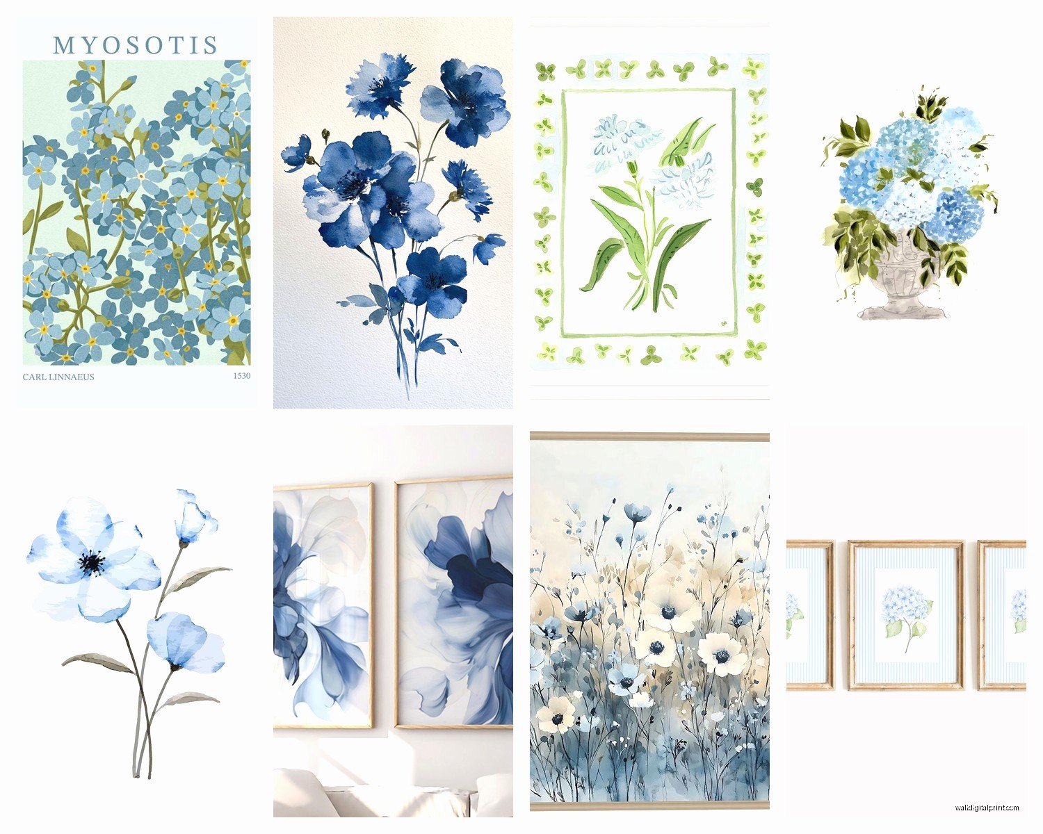 Blue Floral Wall Art: Ocean Sky Flower Botanical Designs