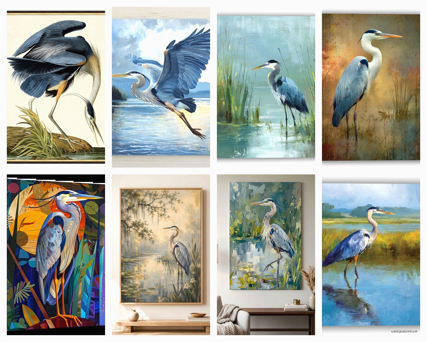 Blue Heron Wall Art: Wading Bird Water Wetland Scene