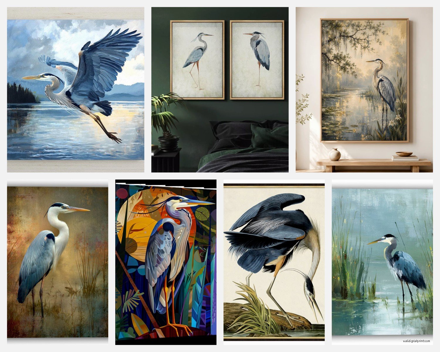 Blue Heron Wall Art: Wading Bird Water Wetland Scene