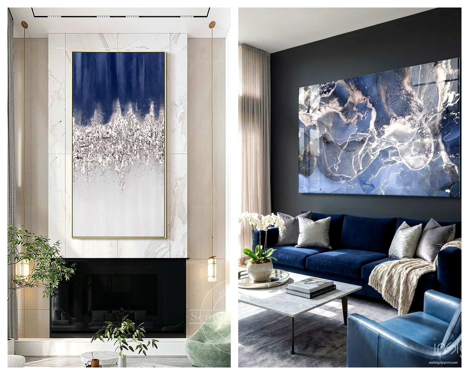 Blue and Silver Wall Art for Living Room: Cool Metallic Combo