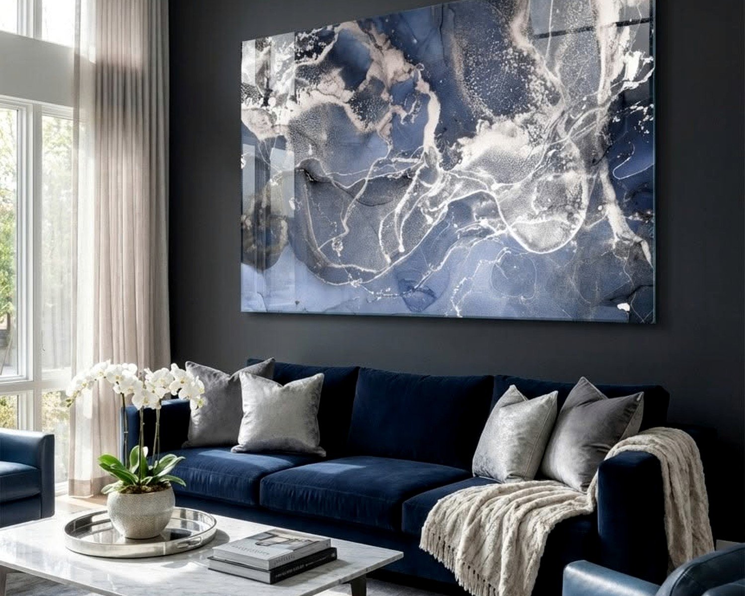 Blue and Silver Wall Art for Living Room: Cool Metallic Combo
