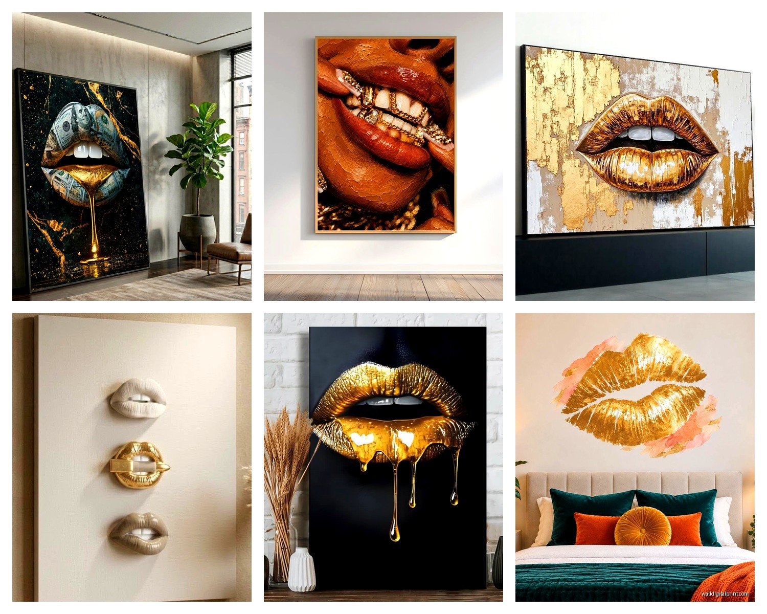 Gold Lips Wall Art: Metallic Kiss Beauty Fashion Statement