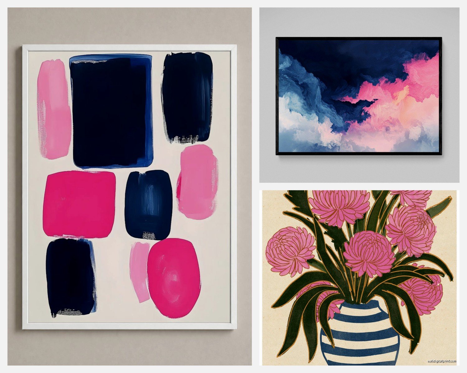 Navy and Pink Wall Art: Deep Blue Blush Preppy Combo