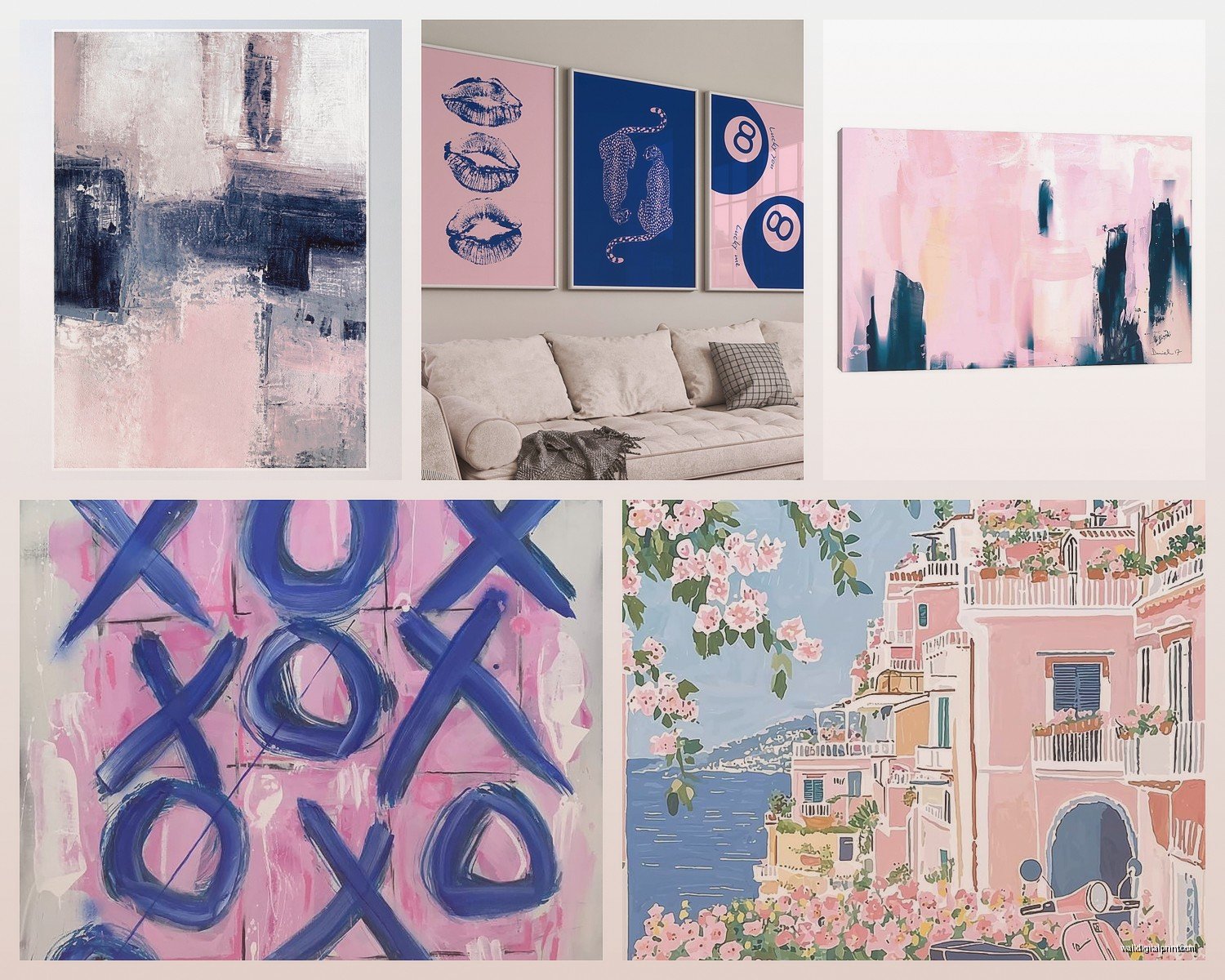 Pink and Navy Wall Art: Blush Deep Blue Nautical Combo