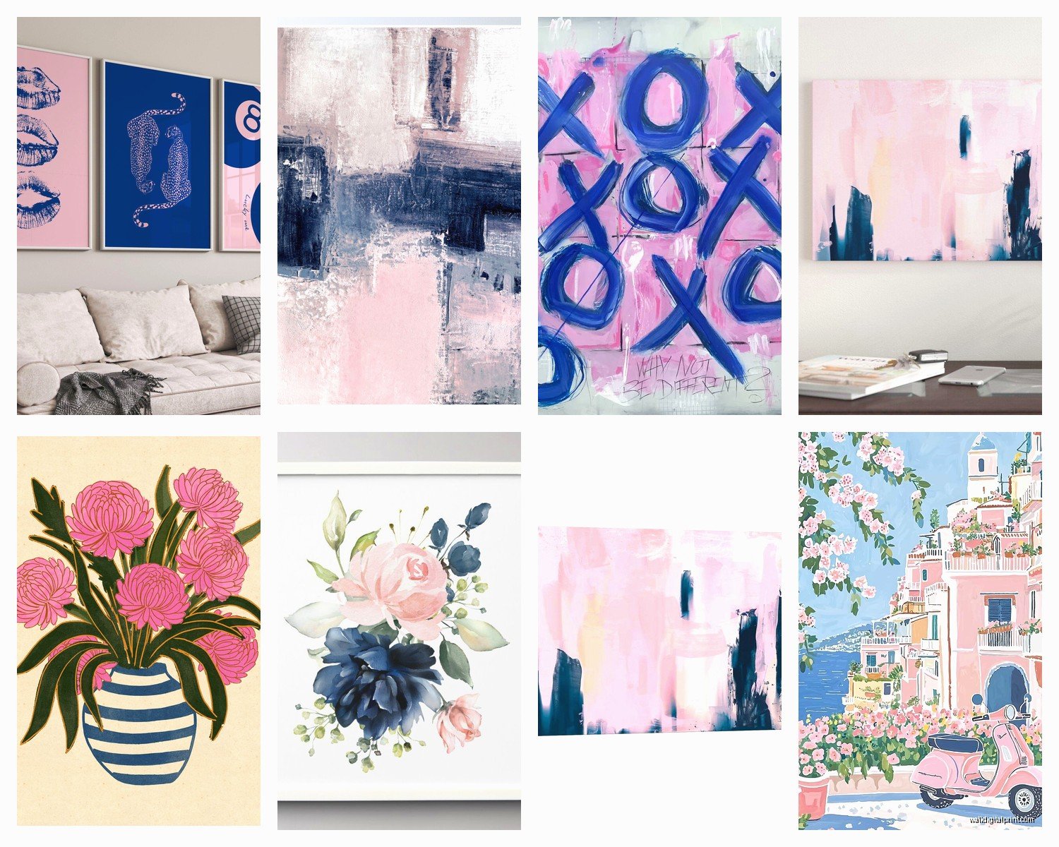 Pink and Navy Wall Art: Blush Deep Blue Nautical Combo